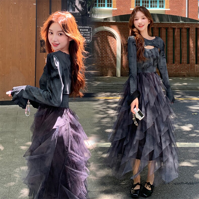 温柔千金风穿搭紫色吊带连衣裙加开衫女春秋超火好看高级长裙套装，女装连衣裙，纯色衣恋