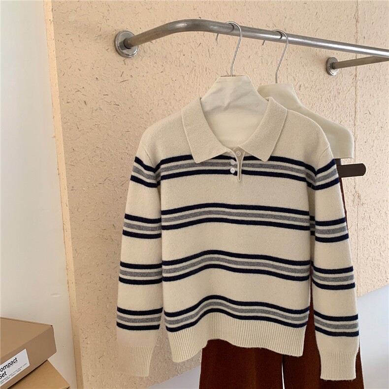 2025年秋季常规款套头单件长袖POLO领条纹衫，女装针织衫/毛衣，伊绒腾羊绒