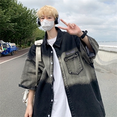 夏季新款日系潮牌五分袖上衣渐变扎染水洗牛仔衬衫现货W8259-P58，男装衬衫，星座512-4