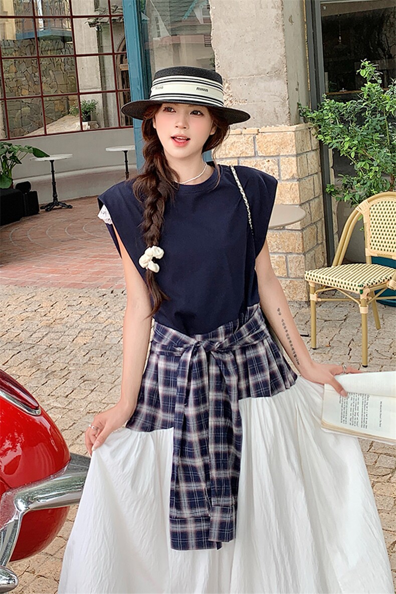 新款2025夏季格子拼接连衣裙C022-9128-P130-K188,女装连衣裙,2C022