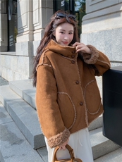 咖色毛绒羊羔毛外套女冬季小个子加厚加绒高级感穿搭皮毛一体大衣，女装皮草，欣美人