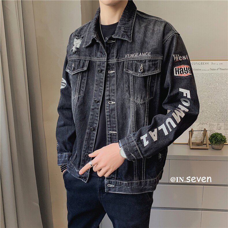 JK818-P90-现货店主风牛仔夹克肥仔量足破洞印花大码,男装夹克,星座103A