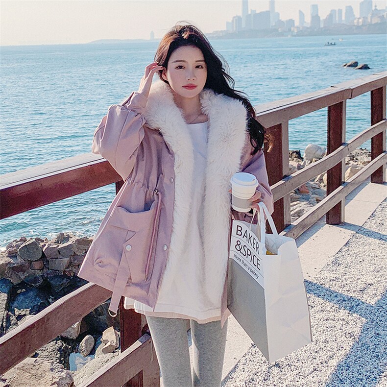韩系chic毛领粉色羽绒棉服女冬超火好看高级小众加厚棉衣棉袄外套,女装派克服,2D078