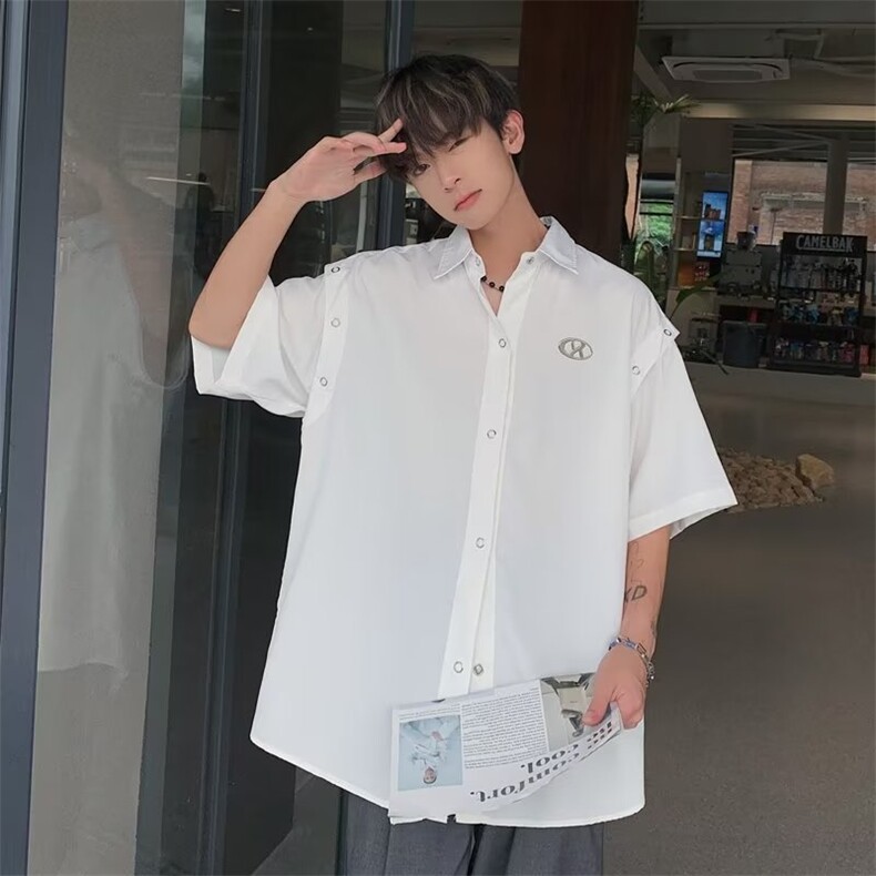 盐系友风穿搭可拼接无袖衬衫设计感冰丝短袖衬衣半袖外套~C0335,男装衬衫,星座601-2