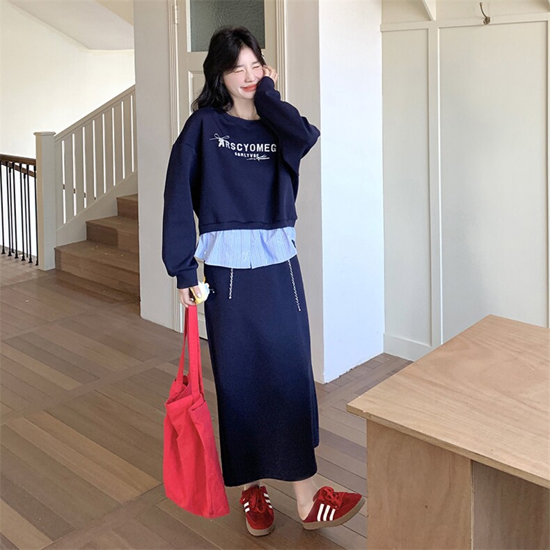 藏青色卫衣套装裙女春2025新款韩版印花长袖上衣A字半身裙两件套,女装套装/套裙,浙宝220