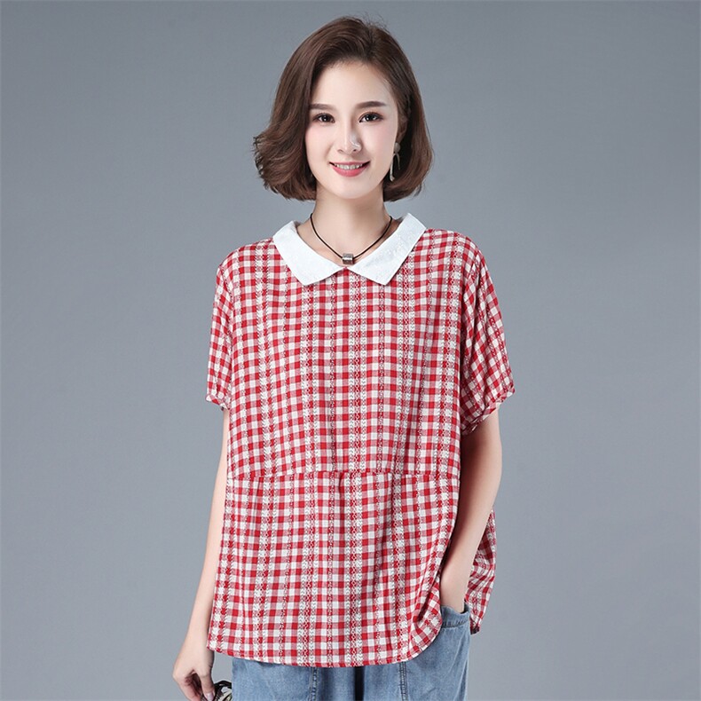 夏装新款大码遮肉休闲洋气气质翻领格子t恤女宽松韩版，女装衬衫，叶笙衣