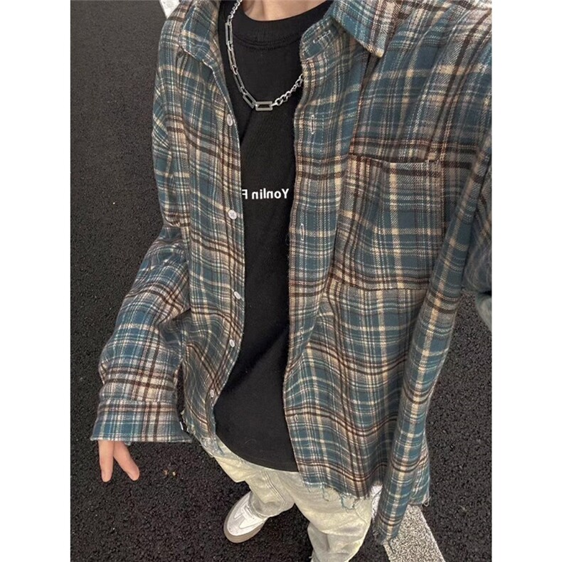 C05-P31美式复古格子衬衫男秋季cleanfit长袖格纹衬衣，男装衬衫，电商B323A