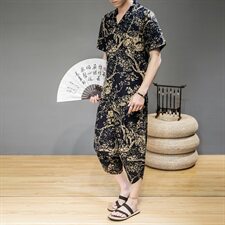 2021夏季中国风亚麻短袖套装男士七分裤两件套QT6005-TZ08-P65，男装套装，星座1112-5（原712-5）