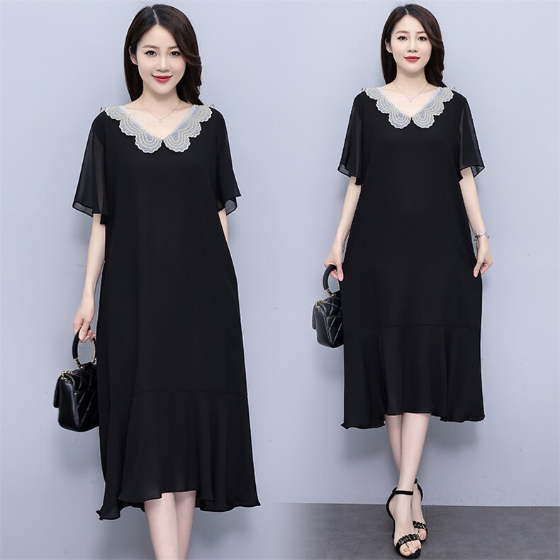 （现货)2025年夏季短袖圆领宽松腰大码黑色连衣裙，女装连衣裙，深妍伊美