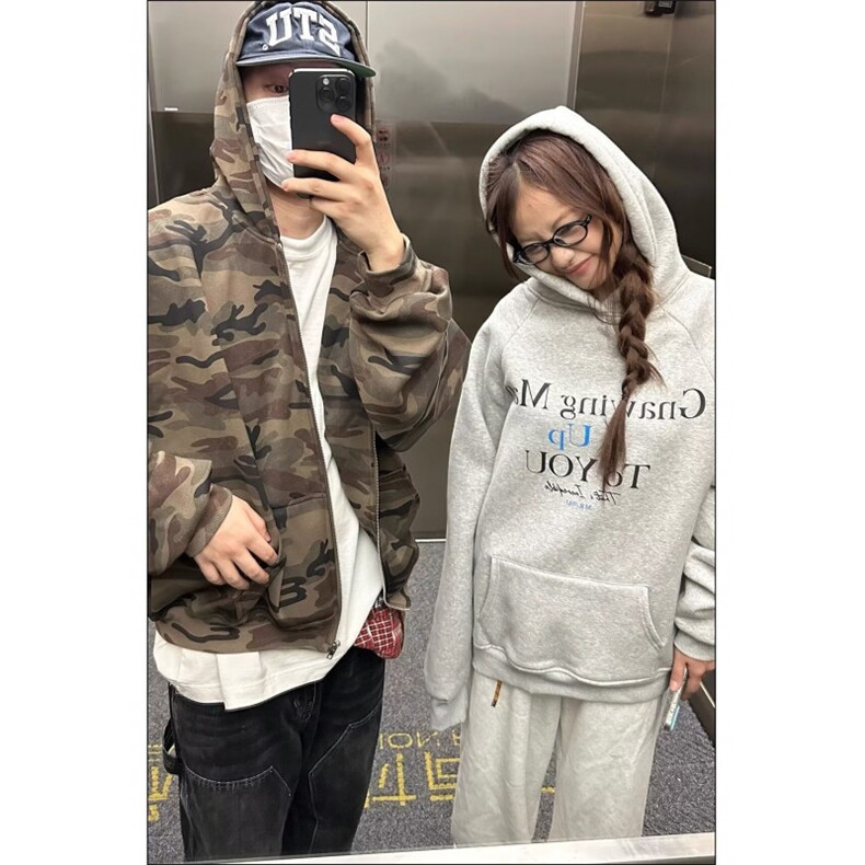 美式复古重磅连帽迷彩卫衣外套女春秋2025新款开春设计感拉链开衫,女装短外套,星座506A