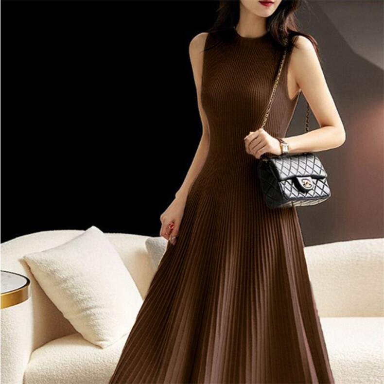 气质温柔时尚百搭显瘦纯毛抽条无袖连衣长裙，女装连衣裙，唯若美羊绒