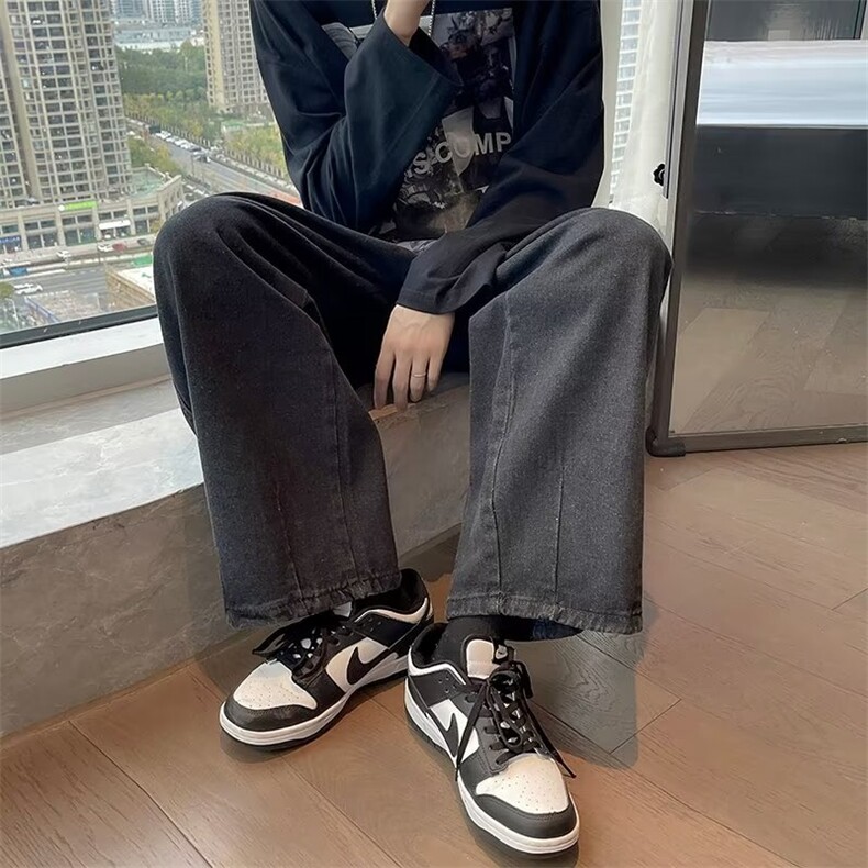 复古休闲男女牛仔长裤春秋款潮牌黑色拖地裤宽松直筒高街坠感裤子,男装牛仔裤,星座601-2