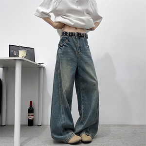 水洗拼接牛仔裤男直筒阔腿宽松百搭情侣夏秋长裤 XZ212-QNK89-P45图片