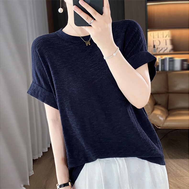 圆领气质时尚百搭2025年夏季短袖针织衫，女装针织衫/毛衣，总能电商供货