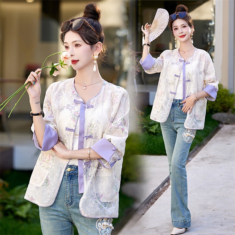 重工刺绣新中式国风薄外套女2024新款夏季气质撞色盘扣防晒衣上衣，女装短外套，众宇琦