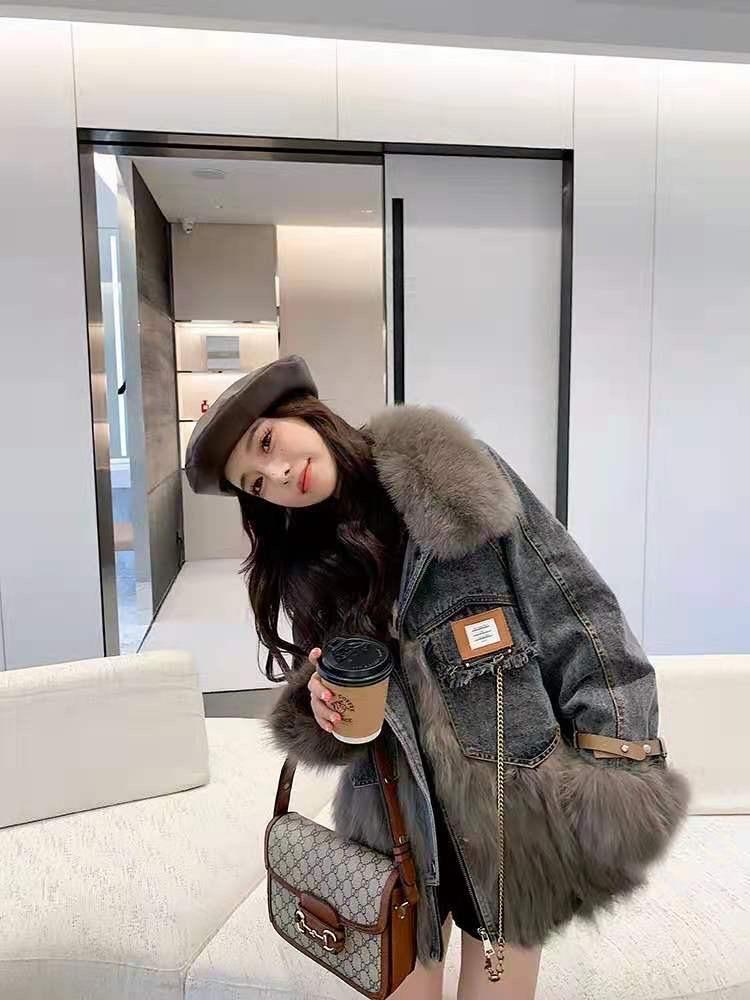 带链带真狐狸毛领拼接貉子毛内胆90%羽绒皮草派克服,女装皮草,L·H·X