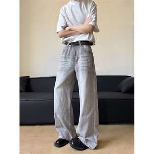 美式高街牛仔裤男夏季薄款烟灰复古宽松长裤子N0685-P48