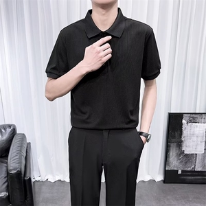 冰丝条纹短袖Polo衫男2024新款夏上衣潮流高级感纯色翻领t恤 D88图片