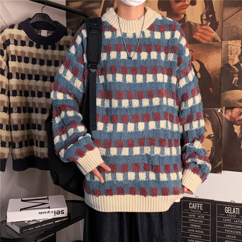 复古着设计小众慵懒风绿色条纹高级感显瘦休闲毛衣男女潮春,男装针织衫/毛衣,星座716-3