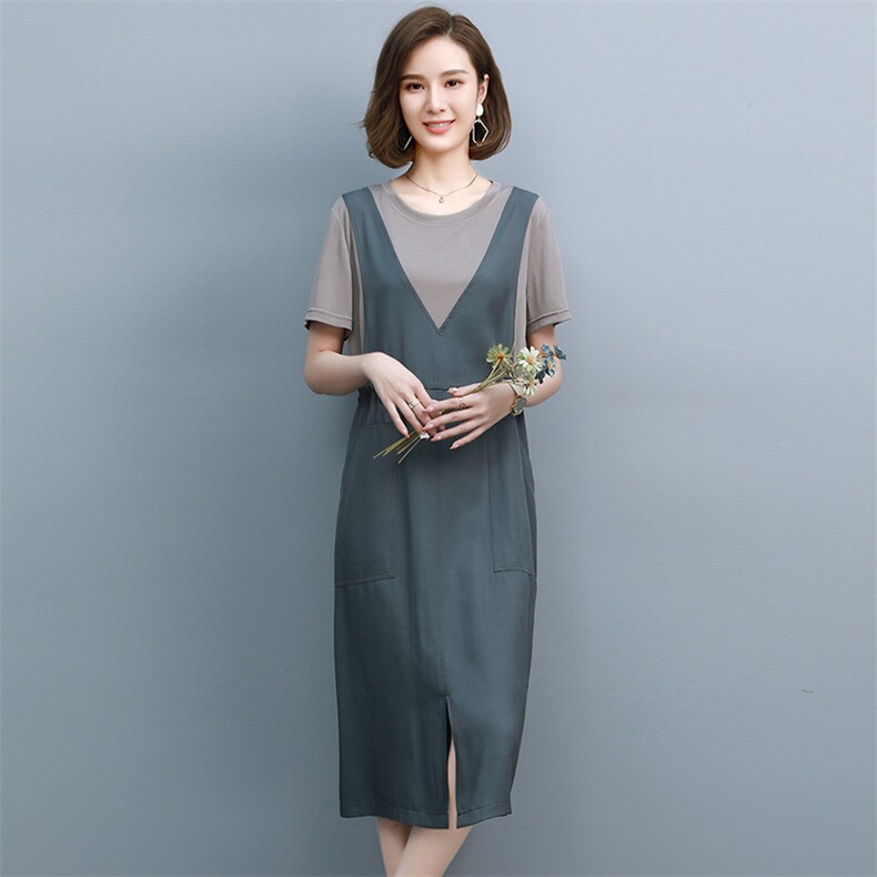 2021夏季新款简约气质圆领时尚假两件连衣裙,女装连衣裙,丽影随形