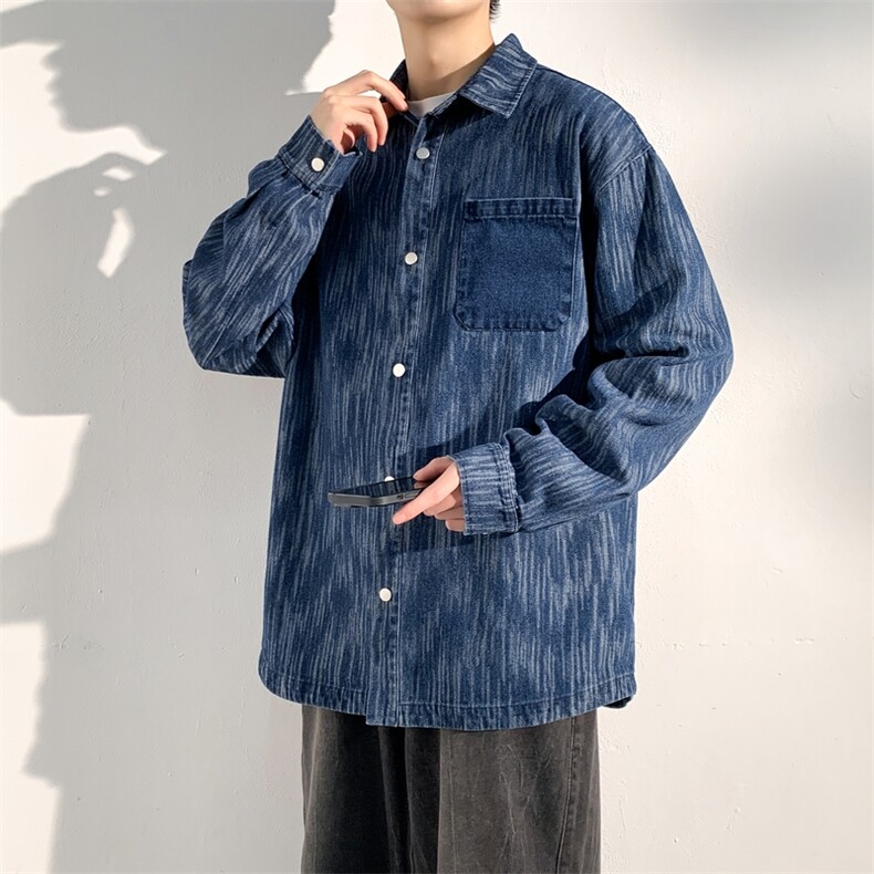牛仔条纹衬衫男宽松翻领上衣外套休闲长袖衬衣A406C6029P68,男装衬衫,星座309（原A406）