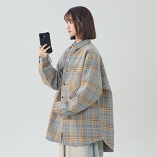 复古撞色磨毛格子长袖衬衫男春秋潮牌宽松休闲衬衣外套CS850-P25，男装衬衫，星座1403A