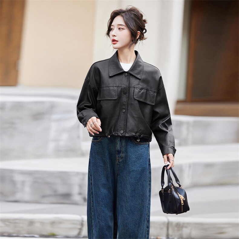 短款皮衣外套女2024秋季新款宽松休闲美式复古美拉德机车夹克上衣,女装皮衣,美拉德工厂直营店