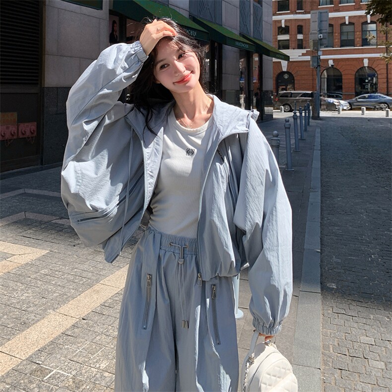 2025秋款宽松少女感外套运动蝙蝠袖+直筒裤套装,女装套装/套裙,纯色衣恋