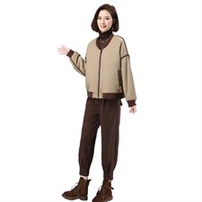 冬季新款宽松减龄拼接夹棉套装时尚百搭显瘦两件套，女装套装/套裙，叶笙衣