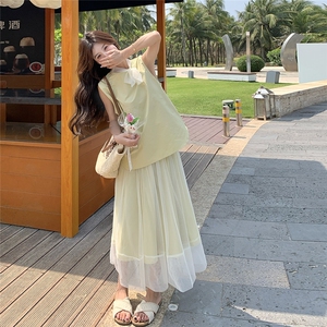 法式小香风网纱拼接无袖背心女夏季新款高腰显瘦半身裙两件套图片