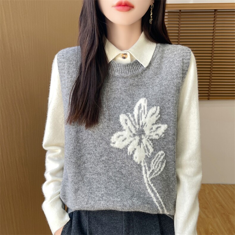 秋冬季新款毛衣女宽松显瘦时尚百搭安迪绒拼色花形马甲,女装马甲,贵皇网供仓