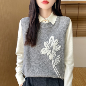 秋冬季新款毛衣女宽松显瘦时尚百搭安迪绒拼色花形马甲图片