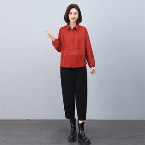 时尚宽松显瘦长袖衬衫+阔腿裤套装女秋装新款休闲两件套6528-518图片