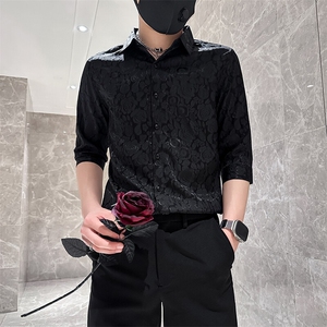 店主风社会小伙男士七分袖衬衫男痞帅修身衬衣301A-1/CS420/P55图片