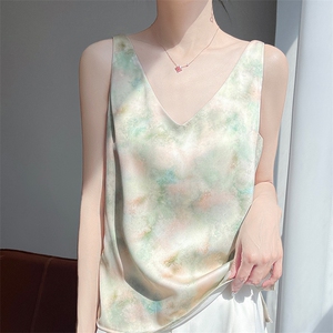 重磅天丝吊带背心女V领水墨油画印花设计感内搭外穿醋酸缎面打底图片
