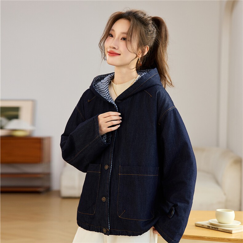 叶笙衣82591牛仔里布格子加棉外套,女装棉衣/棉服,叶笙衣