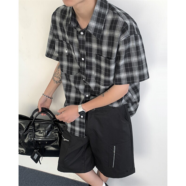 2025新款cityboy格子工装短袖衬衫宽松半袖衬衣青年现货W8617-P32，男装衬衫，星座512-4