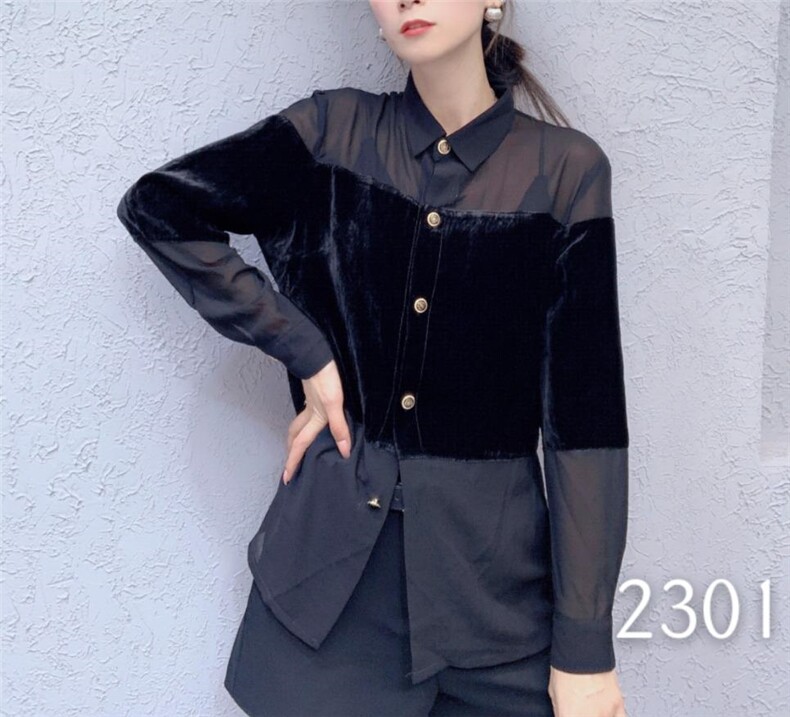 欧货丝绒拼接衬衫，女装衬衫，帝瀛 DY