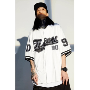 美式高街hiphop短袖衬衫男女欧美潮牌街头舞蹈上衣宽松情侣棒球服图片