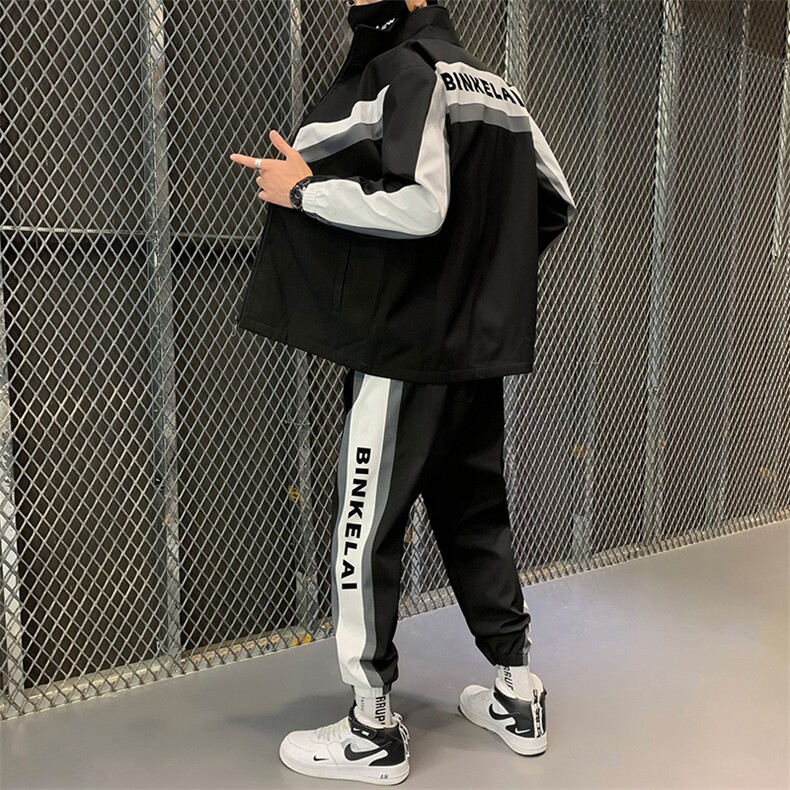 立领夹克一套搭配帅气青少年潮流工装卫衣套装男机能开衫D01P70图片