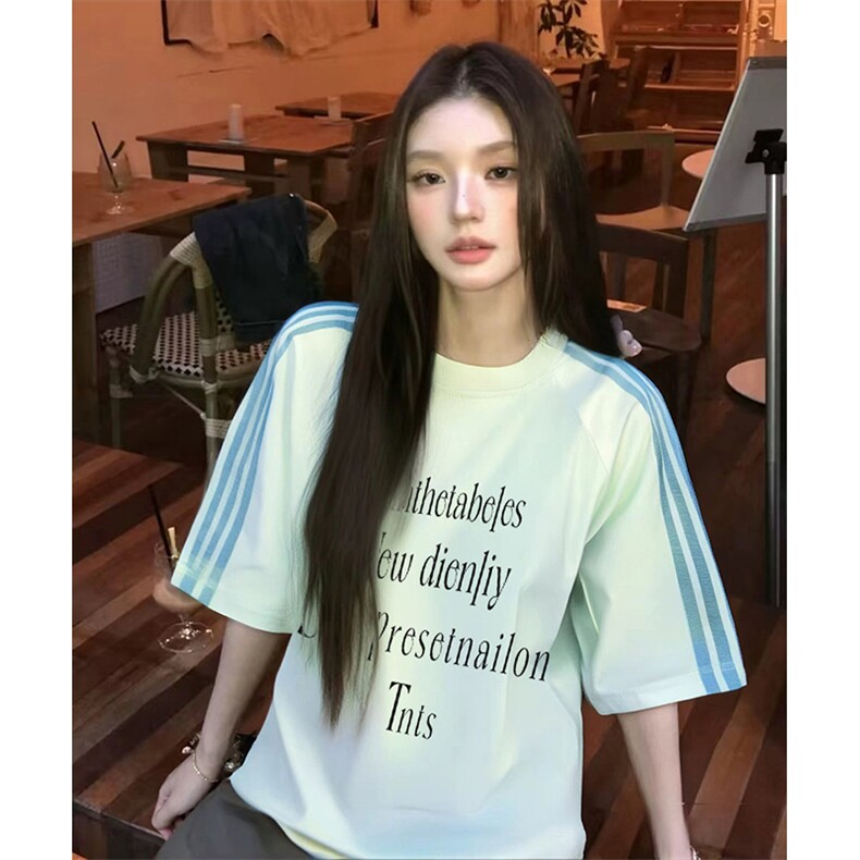 抖音得物品质二开240克宽松纯棉美式潮牌印花三条杠中性风短袖T恤,男装T恤,电商A486-1