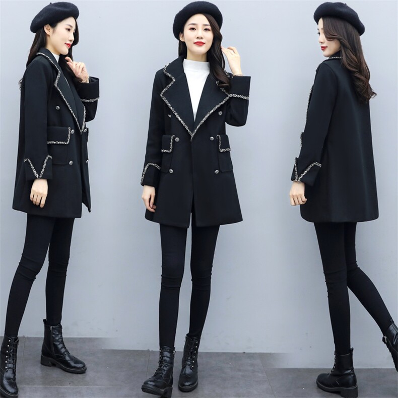 2020年秋冬修身黑色显瘦大毛呢外套女中长款韩版新款，女装毛呢外套，瑶迪依秀