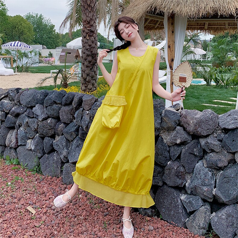 2025夏时尚宽松显瘦圆领无袖下摆拼接网纱配包包减龄连衣裙女,女装套装/套裙,欧黛芙妮