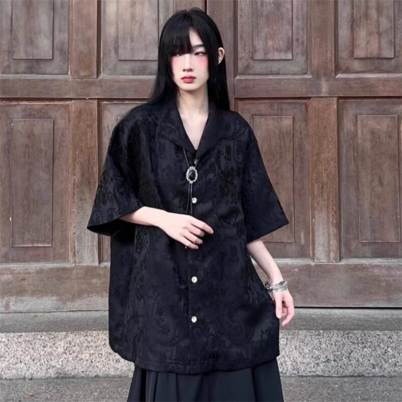 2025新款新中式提花衬衫男女夏季复古潮牌宽松设计感短袖衬衣外套,男装衬衫,星座506A