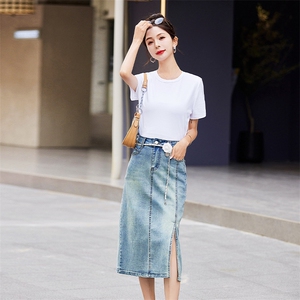 现货淑女浅色开叉牛仔半身裙2025夏季新款花朵链条韩版A字包臀裙图片