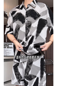 短袖衬衫男+短裤男潮流休闲套装男M-5XL大码TZ78704P50控98模特图图片