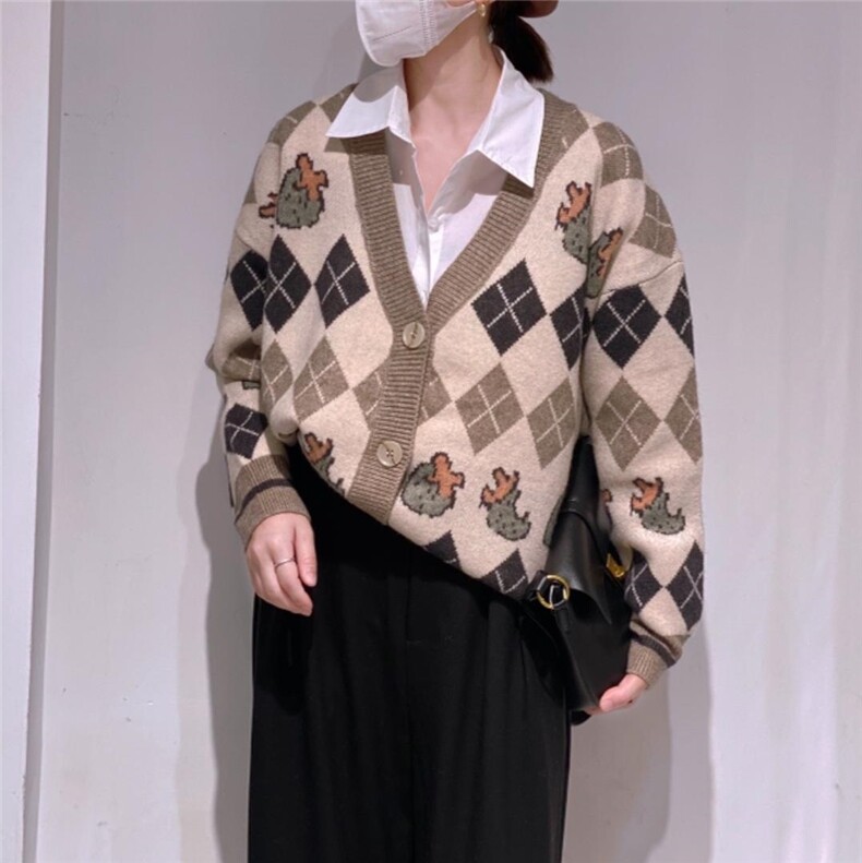 菱形格毛衣开衫，女装针织衫/毛衣，驿谷