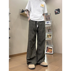 XK468-P35灰色格子裤男夏季薄款慵懒松弛感美式休闲阔腿直筒裤，男装休闲裤，电商A178