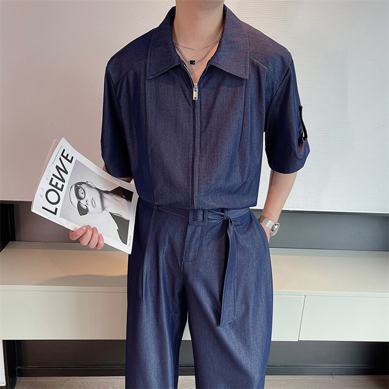 夏季网红时尚天丝牛仔中袖衬衫男套装时尚裤子两件套潮TZ259-P140,男装衬衫,电商B267