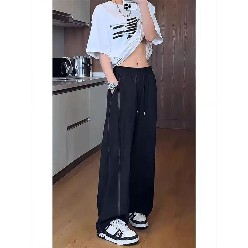 冰丝凉感速干条纹设计明线拼接休闲裤男女夏松紧腰弯刀裤子,男装休闲裤,四季星座505